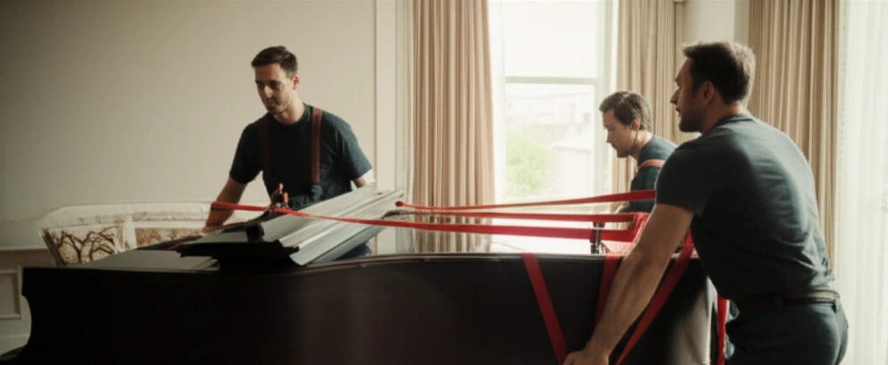 Due uomini caucasici trasportano un pianoforte a coda utilizzando cinghie professionali, con attenzione e cura, in un elegante soggiorno.
