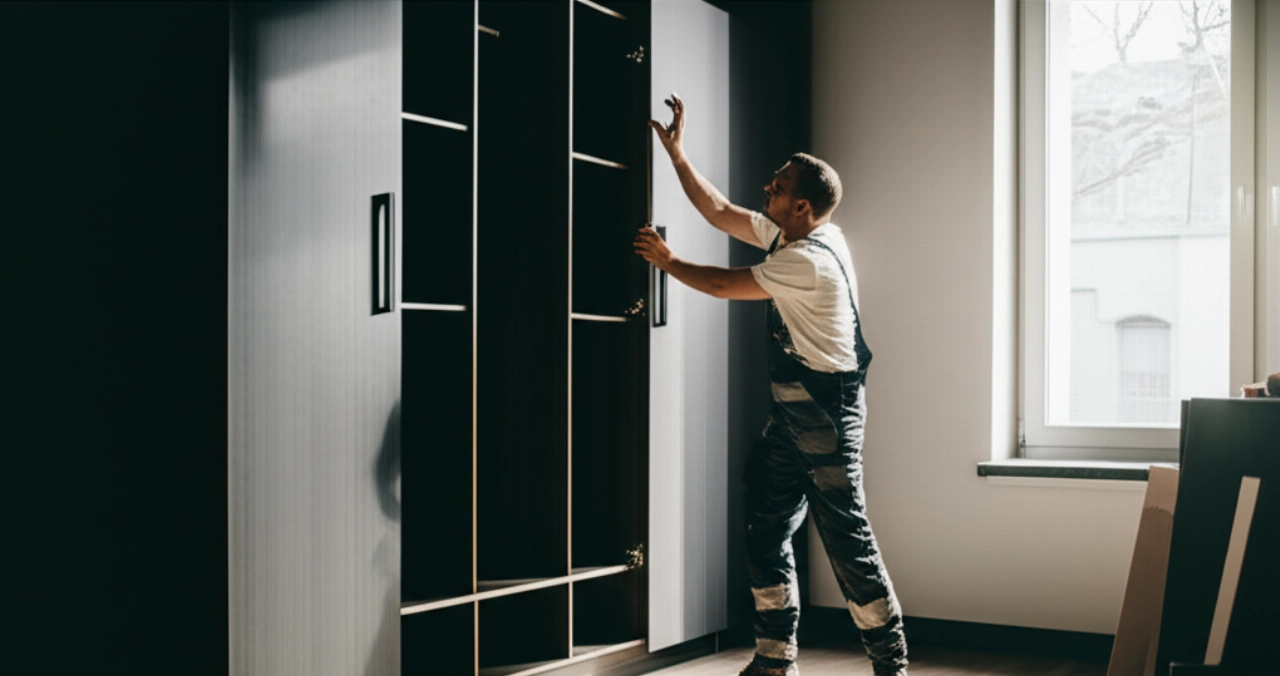 Uomo professionista caucasico che smonta un armadio moderno in un appartamento luminoso, con strumenti professionali.